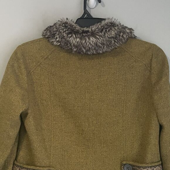 Free People Pea Coat Wool Silk Faux Fur Collar Women's Sz 10 Green Tweed Ribbon - Picture 7 of 16